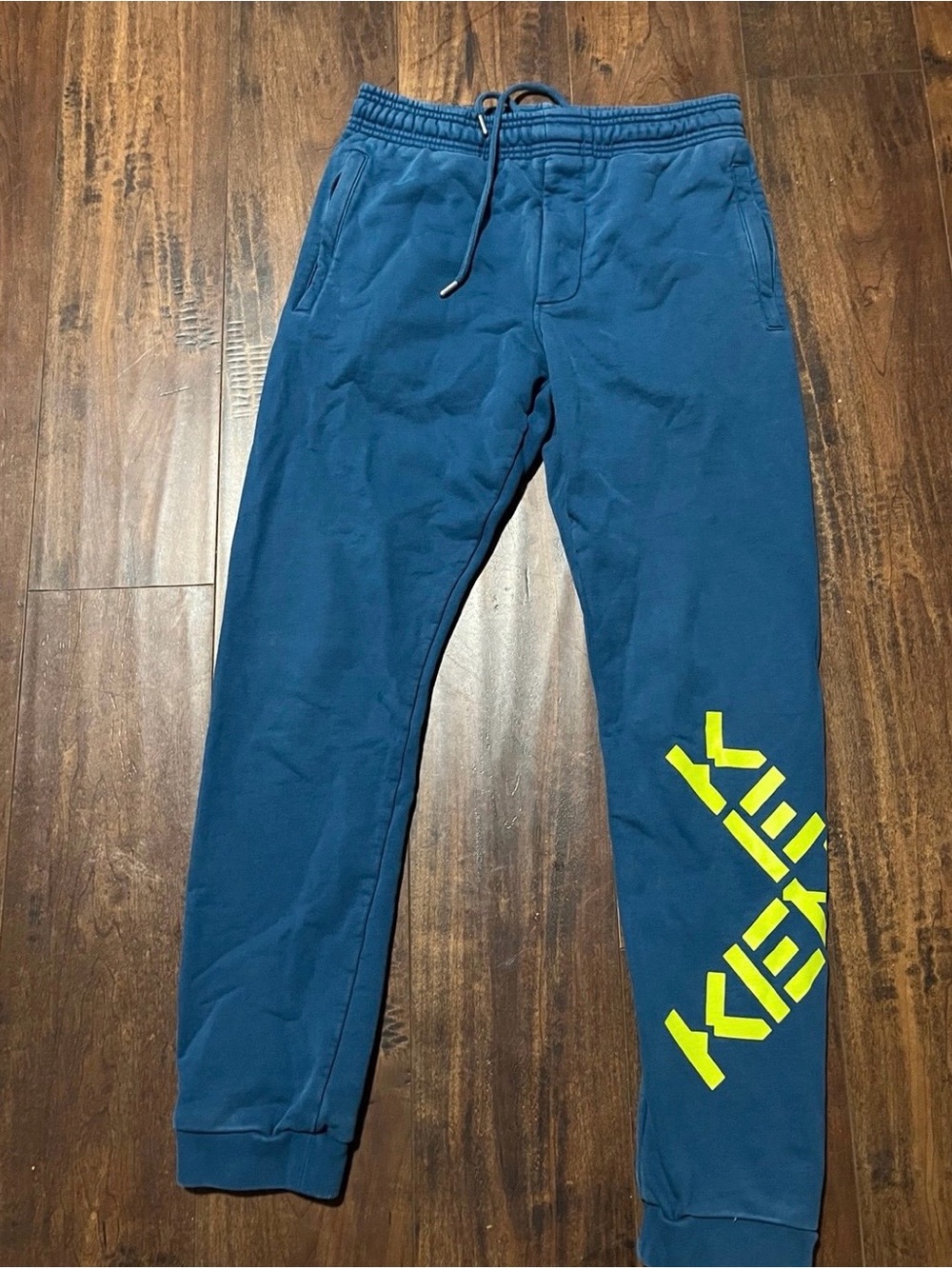 Kenzo Navy Blue Jogger Pants with Neon Yellow Logo